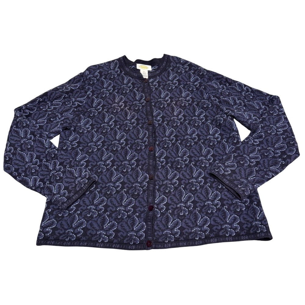 Vintage 90s Talbots Cardigan Sweater XL Navy Floral Knit Embroidered cottagecore